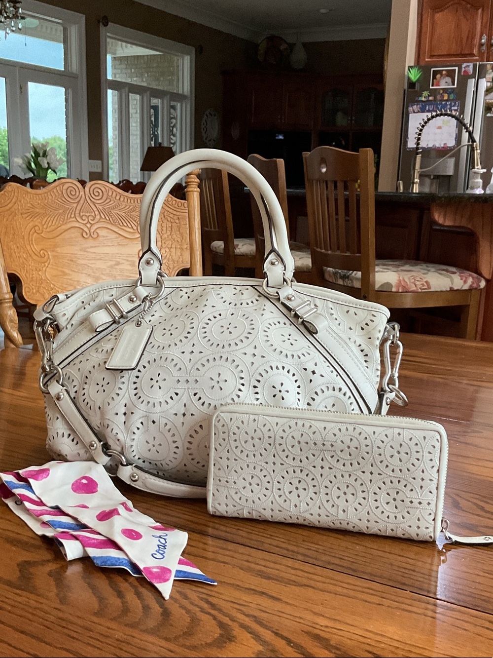 Coach Madison Cream Laser-Cut Satchel with Matching Wallet & Scarf